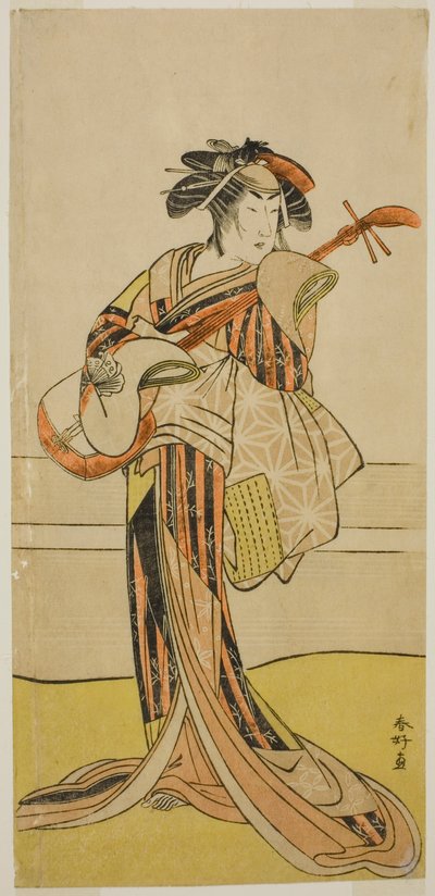 Näyttelijä Yamashita Mangiku I Osanina näytelmässä Kitekaeru Nishiki no Wakayaka, joka esitettiin Nakamura-teatterissa yhdentenätoista kuukautena vuonna 1780. tekijältä Katsukawa Shunkо̄