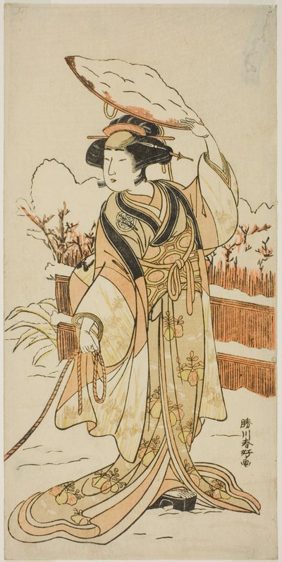 Näyttelijä Yoshizawa Ayame IV Yadorigina, Nikaido Shinanosuken sisarena, joka on naamioitunut Orieksi, Aoto Magosaburon vaimoksi, näytelmän Motomishi Yuki Sakae Hachi no Ki (Katsoen putoavaa lunta: kukoistavat ruukkupuut) toisessa osassa, joka esitettiin N tekijältä Katsukawa Shunkо̄