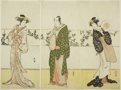 Näyttelijät Osagawa Tsuneyo II (oikealla), Ichikawa Monnosuke II (keskellä) ja Segawa Kikunojo III (vasemmalla), mahdollisesti rooleissa Misao Gozen, Matsuya Soshichi ja Hakatan kurtisaani Kojoro näytelmässä Chiyo no Hajime Ondo no Seto (Ikuisuuden alku: O tekijältä Katsukawa Shunkо̄
