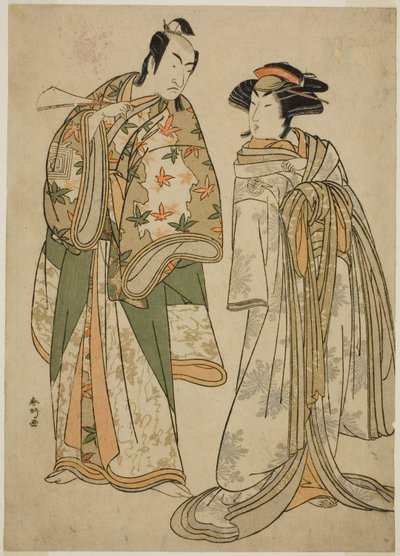 Näyttelijät Segawa Kikunojo III kurtisaanina Sumizome (oikealla) ja Ichikawa Monnosuke II Goinosuke Yoshimine (vasemmalla) näytelmässä Juni-hitoe Komachi-zakura, joka esitettiin Kiri-teatterissa yhdentenätoista kuukautena vuonna 1784. tekijältä Katsukawa Shunkо̄