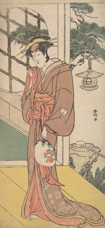 Arashi Ryuzo pitkänä naisena seisovana Engawassa, n. 1789. tekijältä Katsukawa Shunko