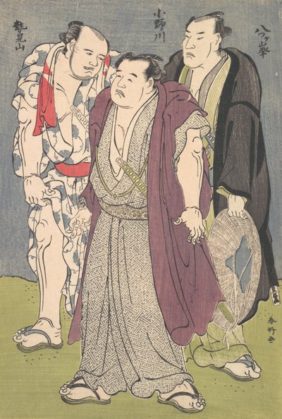 Kolme sumopainijaa: Onogawa, Seimiyama ja Yatsugamine, n. 1790-luku. tekijältä Katsukawa Shunko