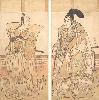Kaksi näyttelijää juhlaasuihin pukeutuneena, n. 1787. tekijältä Katsukawa Shunko