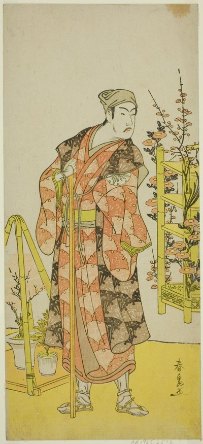 Näyttelijä Matsumoto Koshiro IV kasvinmyyjänä Awashima no Yonosuke näytelmässä Mukashi Otoko Yuki no Hinagata, esitettiin Ichimura-teatterissa yhdestoista kuukaudessa, 1781 tekijältä Katsukawa Shunsen