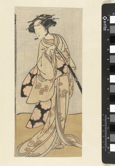 Näyttelijä miekalla naisroolissa tekijältä Katsukawa Shunsho (attributed to)