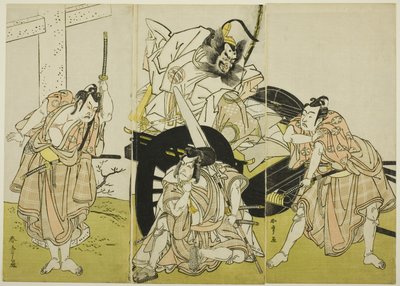 Näyttelijät Nakajima Mihoemon II (Fujiwara no Shihei), Ichikawa Ebizô III (Matsuo-maru), Ichikawa Yaozô II (Sakura-maru) ja Ichimura Uzaemon IX (Umeo-maru) elokuvassa "Sugawaran kalligrafian salaisuudet" ("Sugawara denju tenarai kagami"). tekijältä Katsukawa Shunsho