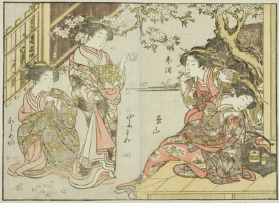 Asahimaruyan kurtisaanit kirjasta "Mirror of Beautiful Women of the Pleasure Quarters (Seiro bijin awase sugata kagami)", voi. 1 tekijältä Katsukawa Shunsho