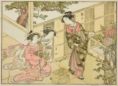 Chojiyan kurtisaanit kirjasta "A Comparison of Beauties of the Green Houses: A Mirror of Their Forms (Seiro bijin awase sugata kagami)," voi. 1 tekijältä Katsukawa Shunsho