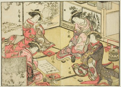 Kadokaneyan kurtisaanit kirjasta "Mirror of Beautiful Women of the Pleasure Quarters (Seiro bijin awase sugata kagami)", voi. 2 tekijältä Katsukawa Shunsho