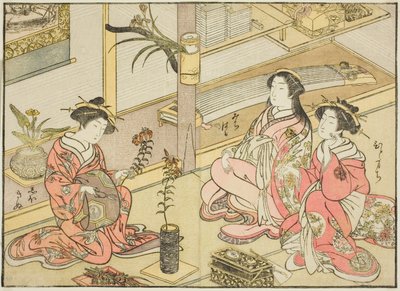 Kadotsutayan kurtisaanit kirjasta "Mirror of Beautiful Women of Pleasure Quarters (Seiro bijin awase sugata kagami)", voi. 1 tekijältä Katsukawa Shunsho