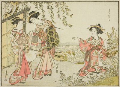 Kadotsutayan kurtisaanit kirjasta "Mirror of Beautiful Women of Pleasure Quarters (Seiro bijin awase sugata kagami)", voi. 1 tekijältä Katsukawa Shunsho