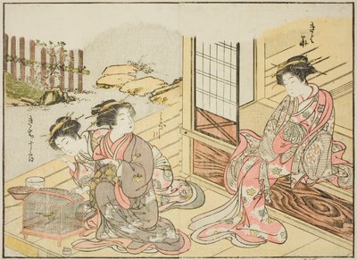 Kagemanjiyan kurtisaanit kirjasta "Mirror of Beautiful Women of the Pleasure Quarters (Seiro bijin awase sugata kagami)", voi. 1 tekijältä Katsukawa Shunsho
