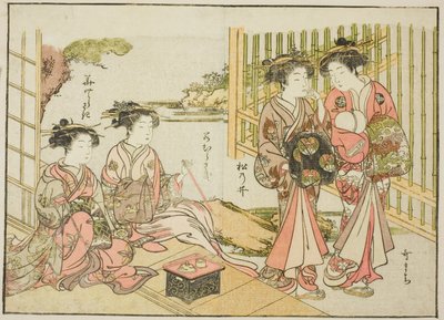 Matsubayan kurtisaanit, kirjasta "Mirror of Beautiful Women of the Pleasure Quarters (Seiro bijin awase sugata kagami)", voi. 1 tekijältä Katsukawa Shunsho