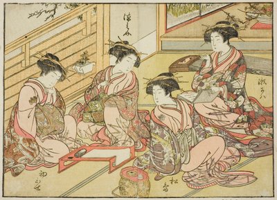 Matsubayan kurtisaanit kirjasta "Mirror of Beautiful Women of the Pleasure Quarters (Seiro bijin awase sugata kagami)", voi. 1 tekijältä Katsukawa Shunsho