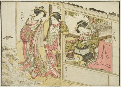 Nakaomiyan kurtisaanit kirjasta "Mirror of Beautiful Women of the Pleasure Quarters (Seiro bijin awase sugata kagami)", voi. 2 tekijältä Katsukawa Shunsho