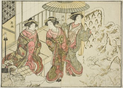 Nakaomiyan kurtisaanit kirjasta "Mirror of Beautiful Women of the Pleasure Quarters (Seiro bijin awase sugata kagami)", voi. 2 tekijältä Katsukawa Shunsho