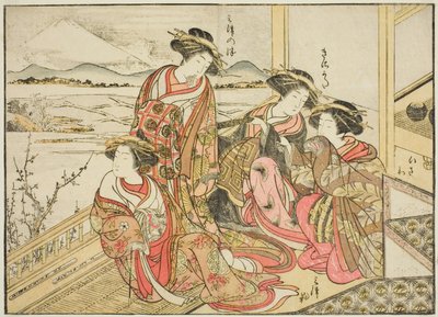 Obishiyan kurtisaanit kirjasta "Mirror of Beautiful Women of the Pleasure Quarters (Seiro bijin awase sugata kagami)", voi. 2 tekijältä Katsukawa Shunsho