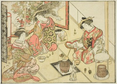 Okaneyan kurtisaanit, kirjasta "Mirror of Beautiful Women of the Pleasure Quarters (Seiro bijin awase sugata kagami)," voi. 2 tekijältä Katsukawa Shunsho