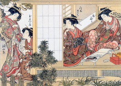 Naispuoliset japanilaiset kurtisaanit lukevat ja kirjoittavat, c1776. tekijältä Katsukawa Shunsho