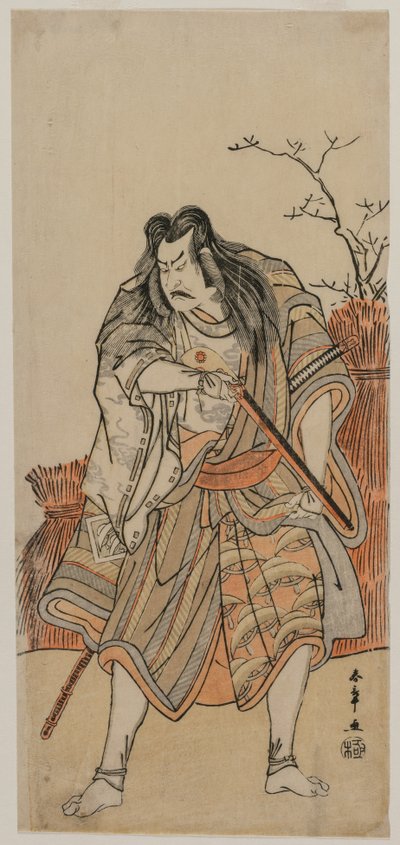 Nakajima Kanzaemon Lordina naamioitunut Metsästäjäksi kiväärin kanssa, n. 1780-luvun alku. tekijältä Katsukawa Shunsho