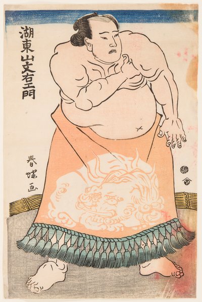 Muotokuva sumopainijasta Kotozanista rituaaliesiliinalla. Shunsho, Katsukawa (1726-1793), noin 1775 - painija Kotozan esiliinassa (kesho-mawashi), Shunsho, Katsukawa (1726-1793). Värillinen puupiirros, n. 1775. Koko: 34,5x22,5 cm. tekijältä Katsukawa Shunsho