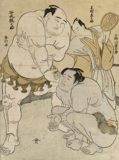 Onagawa Uki Saburo -luonnoksen valmisteleminen Tanikaze Kajinosuke, erotuomari Kimura Shosuke tekijältä Katsukawa Shunsho
