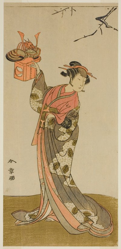 Näyttelijä Arashi Hinaji I Hananoina näytelmässä Gosho-zakura Horikawa Youchi, esitettiin Ichimura-teatterissa neljännessä kuukaudessa, 1773 tekijältä Katsukawa Shunsho