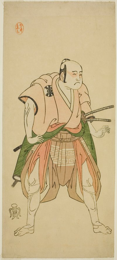 Näyttelijä Bando Sampachi I Yawata no Saburona (?) näytelmässä Shuen Soga Omugaeshi (?), joka esitettiin Ichimura-teatterissa (?) toisessa kuussa, 1768 (?) tekijältä Katsukawa Shunsho