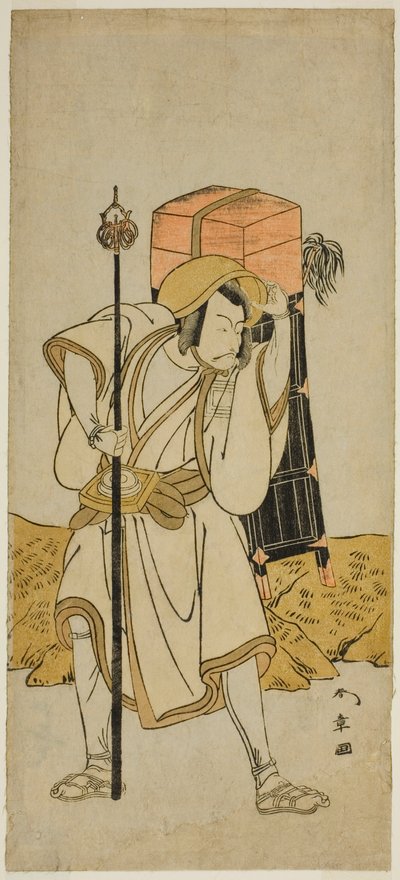 Näyttelijä Ichikawa Danjuro V Moriya no Daijinina Naamioituna Rokuju-rokubuksi näytelmässä Miya-bashira Iwao no Butai, joka esitettiin Morita-teatterissa seitsemännessä kuussa, 1773 tekijältä Katsukawa Shunsho