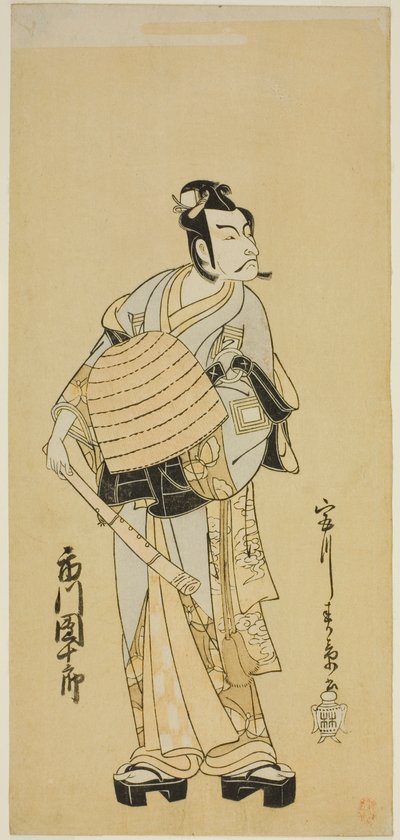 Näyttelijä Ichikawa Danjuro V: Soga no Goro naamioitunut Komusoksi näytelmässä Sakai-cho Soga Nendaiki, esitettiin Nakamura-teatterissa ensimmäisenä kuukautena, 1771 tekijältä Katsukawa Shunsho