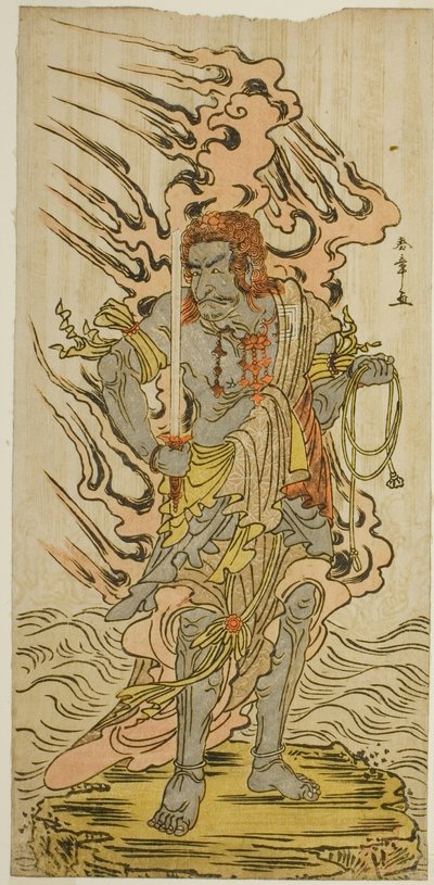 Näyttelijä Ichikawa Danjuro V Fudo Myoon kivikuvana näytelmässä Kitekaeru Nishiki no Wakayaka, esitettiin Nakamura-teatterissa yhdestoista kuukaudessa, 1780 tekijältä Katsukawa Shunsho