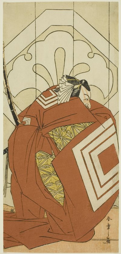 Näyttelijä Ichikawa Danjuro V "Shibaraku"-roolissa, luultavasti Kato Hyoeisa Shigemitsu, kolmannessa kohtauksessa näytelmässä Masakado Kammuri no Hatsuyuki (Ensimmäinen lumi Taira no Masakadon hovin päähineessä), joka esitettiin Nakamura-teatterissa yhdest tekijältä Katsukawa Shunsho