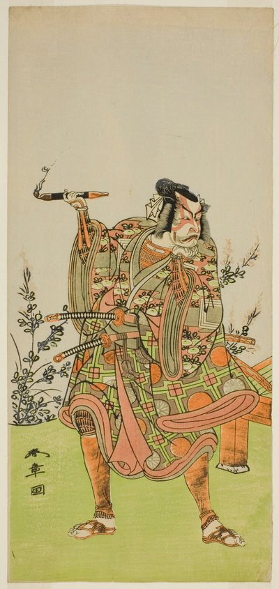 Näyttelijä Ichikawa Danzaburo II Usui no Sadamitsuna (?) näytelmässä Edo Katagi Hikeya Tsunasaka (?), joka esitettiin Ichimura-teatterissa (?) yhdestoista kuukaudessa, 1772 (?) tekijältä Katsukawa Shunsho