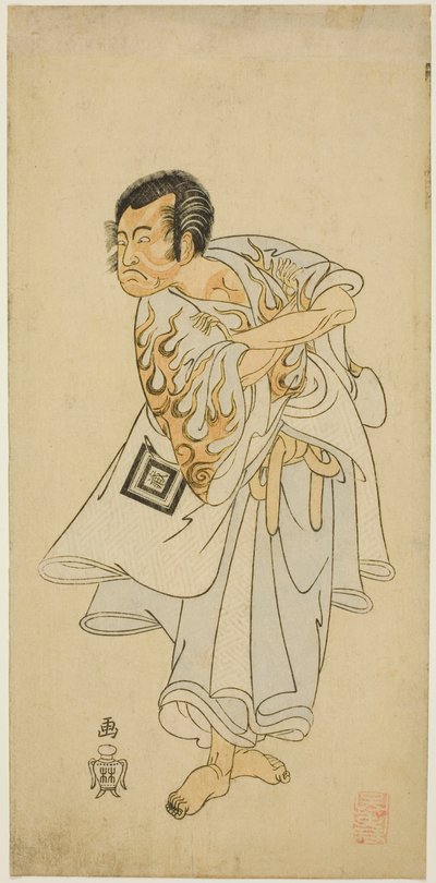 Näyttelijä Ichikawa Danzo III pyhänä erakkona Narukamin roolissa näytelmässä "Narukami", joka esitettiin "Miyakodori Azuma Komachin (pääkaupungin lintu: idän komachi)" kanssa Morita-teatterissa kolmantena kuukautena, 1768. tekijältä Katsukawa Shunsho
