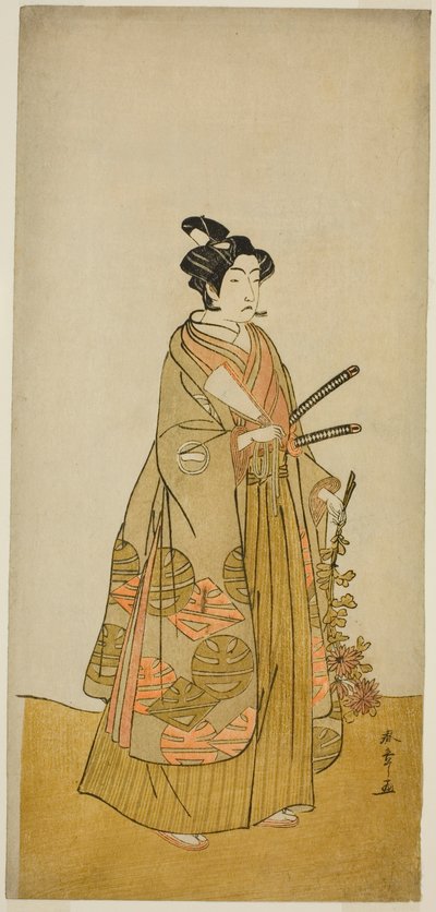 Näyttelijä Ichikawa Monnosuke II Kichisaburona, Kichijo-jin temppelisivulla näytelmässä Sono Kyodai Fuji no Sugatami, esitettiin Morita-teatterissa toisessa kuussa, 1776 tekijältä Katsukawa Shunsho