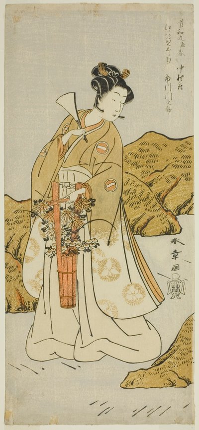 Näyttelijä Ichikawa Monnosuke II Shira-gikuna, temppelisivuna, näytelmässä Haru wa Soga Akebono-zoshi, esitettiin Nakamura-teatterissa ensimmäisenä kuukautena, 1772 tekijältä Katsukawa Shunsho