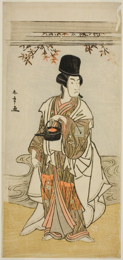 Näyttelijä Ichikawa Monnosuke II hovin palvelijana Shoheida Sadamorina näytelmässä Masakado Kammuri no Hatsuyuki, esitettiin Nakamura-teatterissa yhdestoista kuukaudessa, 1777 tekijältä Katsukawa Shunsho