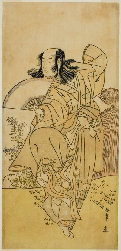 Näyttelijä Ichikawa Yaozo III Kusunoki Uraminosukena naamioitunut urosketuksi Tsukamotosta (?), näytelmässä Kumoi no Hana Yoshino no Wakamusha (?), esitetty Nakamura-teatterissa (?) yhdestoista kuukaudessa, 1786 (?) tekijältä Katsukawa Shunsho