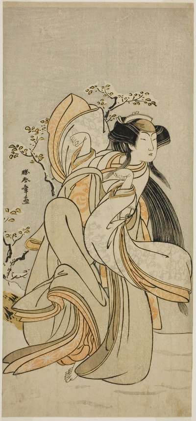 Näyttelijä Iwai Hanshiro IV Hakatan Kojoro-gitsunea näytelmässä Hikitsurete Yagoe Taiheiki, esitettiin Morita-teatterissa yhdestoista kuukaudessa, 1776 tekijältä Katsukawa Shunsho