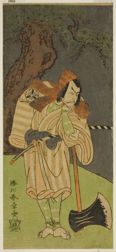 Näyttelijä Matsumoto Koshiro II Osada no Taro Kagemunena naamioitunut puunhakkaajaksi Gankutsu no Gorozoksi näytelmässä Nue no Mori Ichiyo no Mato, esitettiin Nakamura-teatterissa yhdestoista kuukaudessa, 1770 tekijältä Katsukawa Shunsho