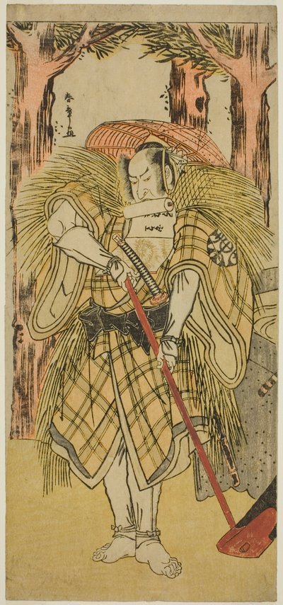 Näyttelijä Nakamura Nakazo I Hakamadare Yasusuke tai Watanabe no Tsuna (?) näytelmässä Shintenno Tonoi no Kisewata (?), joka esitettiin Nakamura-teatterissa (?) yhdestoista kuukaudessa, 1781 (?) tekijältä Katsukawa Shunsho