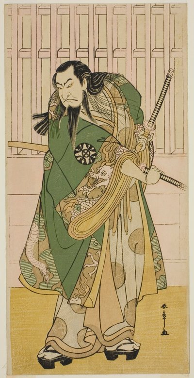 Näyttelijä Nakamura Nakazo I Hige no Ikyu -näytelmässä Nanakusa Yosooi Soga, esitettiin Nakamura-teatterissa viidennessä kuussa, 1782 tekijältä Katsukawa Shunsho