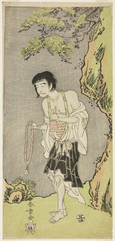 Näyttelijä Nakamura Nakazo I munkina, Raigo Ajari, näytelmässä Nue no Mori Ichiyo no Mato (Nue-hirviön metsä: Yhdennentoista kuukauden kohde), esitetty Nakamura-teatterissa yhdennentoista kuukauden ensimmäisestä päivästä, 1770 tekijältä Katsukawa Shunsho