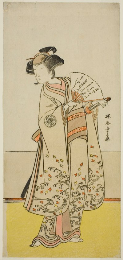 Näyttelijä Nakamura Noshio I Oiso no Torana (?) näytelmässä Shida Yuzuriha Horai Soga (?), joka esitettiin Morita-teatterissa (?) ensimmäisenä kuukautena, 1775 (?) tekijältä Katsukawa Shunsho