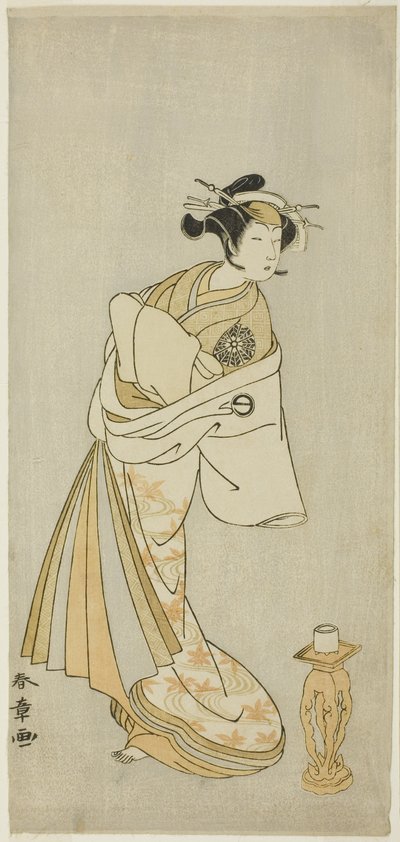 Näyttelijä Nakamura Noshio I kurtisaani Takaon hengen roolissa Shosagoto-tanssisarjassa "Sono Utsushi-e Matsu ni Kaede" (Varjokuva männystä ja vaahterasta), Keisei Momiji no -näytelmän toisen osan viimeinen kohtaus Uchikake (Courtesan Over-K tekijältä Katsukawa Shunsho