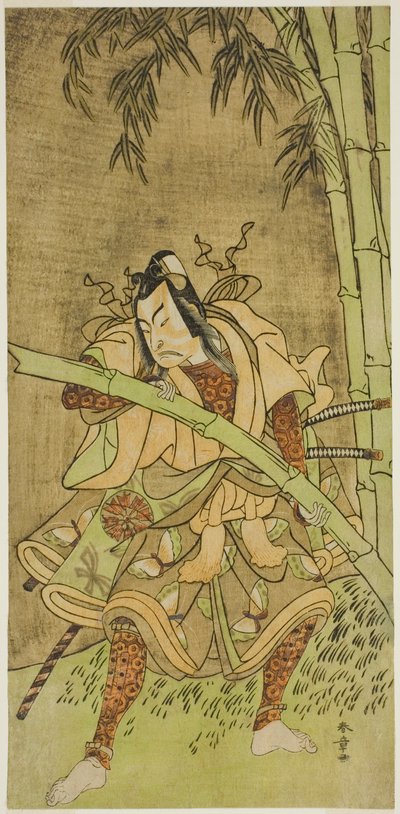 Näyttelijä Nakamura Tomijuro I Takenuki Goron roolissa näytelmässä Eho Soga Nen-nen-goyomi, esitettiin Morita-teatterissa ensimmäisenä kuukautena, 1771 tekijältä Katsukawa Shunsho