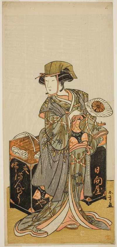 Näyttelijä Nakamura Tomijuro I naispapukakkukauppiaana Hyugayana näytelmässä Chigo Torii Tobiiri Kitsune, esitettiin Ichimura-teatterissa yhdestoista kuukaudessa, 1777 tekijältä Katsukawa Shunsho