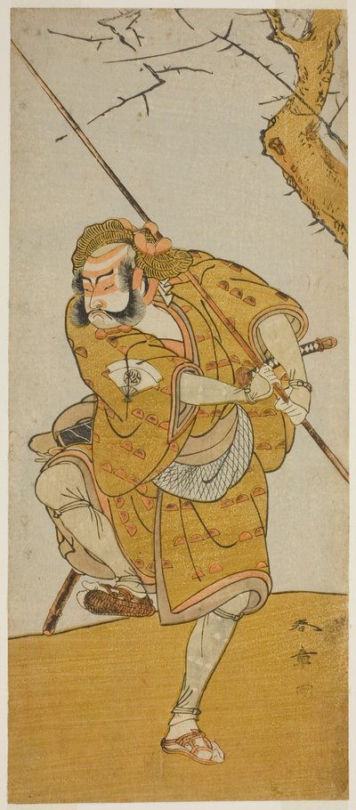 Näyttelijä Onoe Matsusuke I Kobayashi no Asahinana, naamioitunut linnunsieppaajaksi näytelmässä Edo no Haru Meisho Soga, joka esitettiin Ichimura-teatterissa kolmannessa kuukaudessa, 1773 tekijältä Katsukawa Shunsho