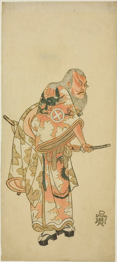 Näyttelijä Otani Hiroemon III Hige no Ikyu -näytelmässä "Sukeroku" näytelmässä "Hitokidori Harutsuge Soga" tekijältä Katsukawa Shunsho