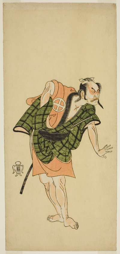 Näyttelijä Otani Hiroji III Onio Shinzaemonina (?) näytelmässä Bunshin Sugatami Soga (?), joka esitettiin Morita-teatterissa (?) toisessa kuussa, 1765 (?) tekijältä Katsukawa Shunsho
